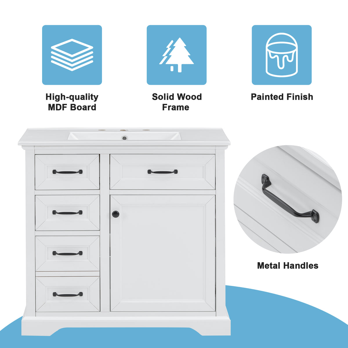 36 Inch Bathroom Vanity - White Solid Wood MDF Storage Cabinet