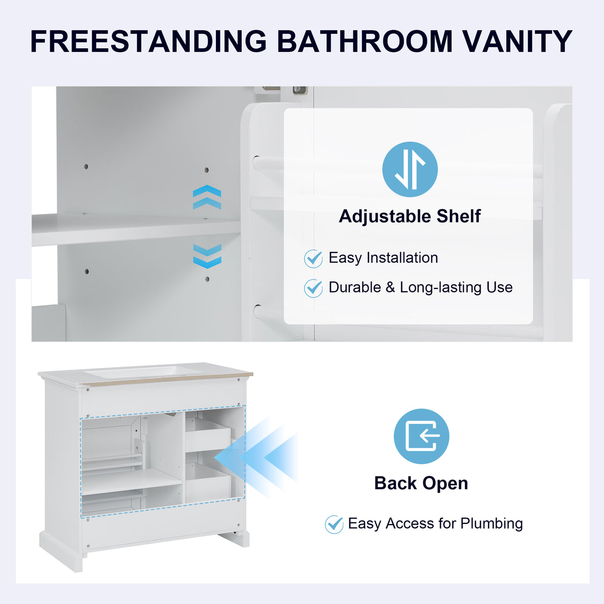 36 Inch Bathroom Vanity - White Solid Wood MDF Storage Cabinet