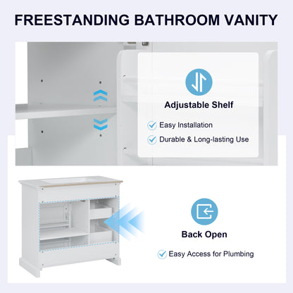 36 Inch Bathroom Vanity - White Solid Wood MDF Storage Cabinet