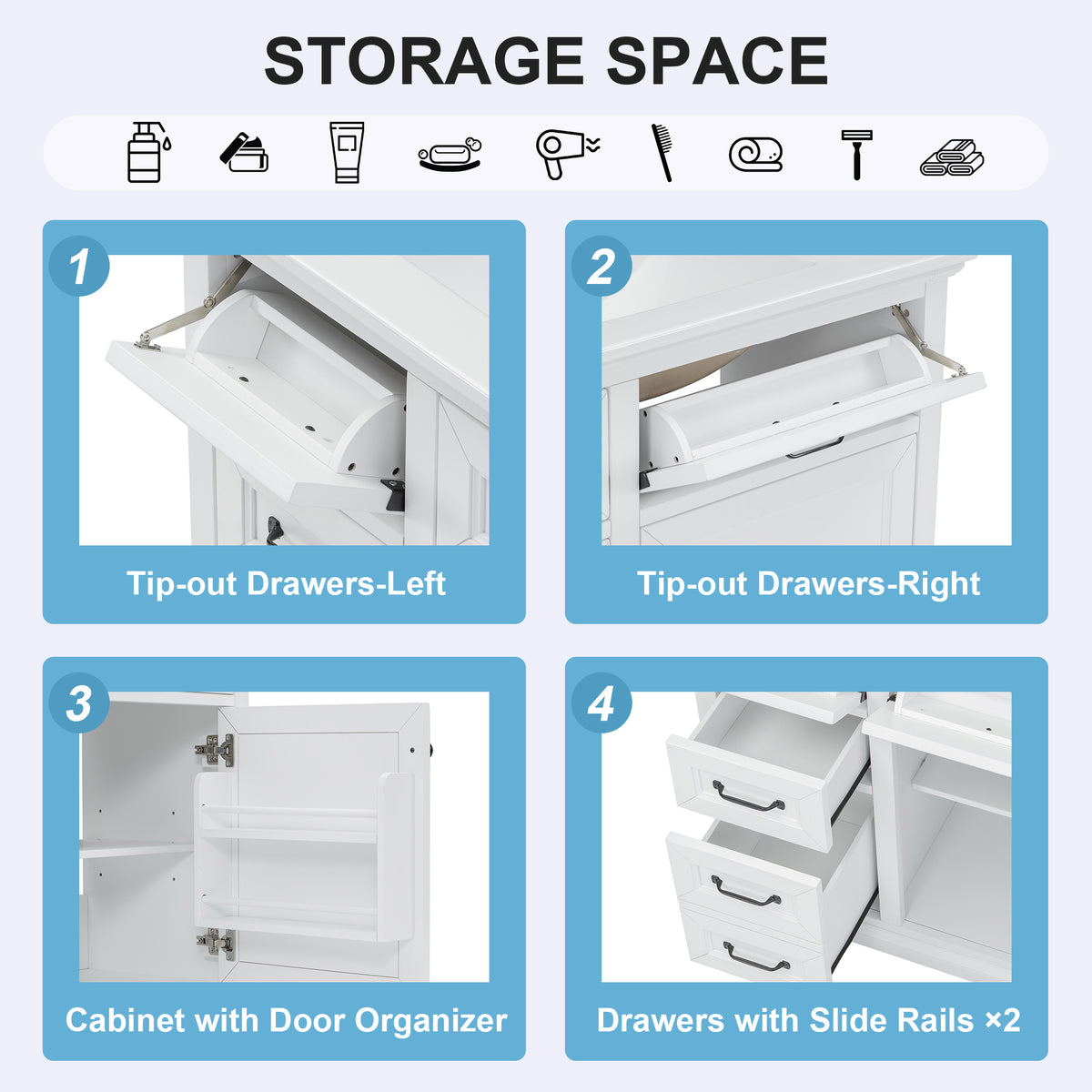 36 Inch Bathroom Vanity - White Solid Wood MDF Storage Cabinet