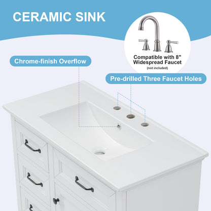 36 Inch Bathroom Vanity - White Solid Wood MDF Storage Cabinet