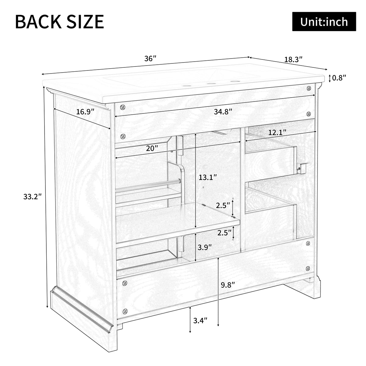 36 Inch Bathroom Vanity - White Solid Wood MDF Storage Cabinet