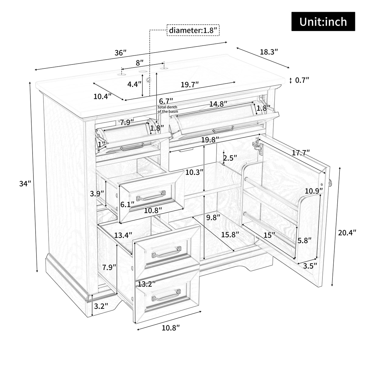 36 Inch Bathroom Vanity - White Solid Wood MDF Storage Cabinet
