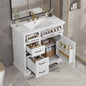 36-Inch Bathroom Vanity with Ceramic Sink Top, 4 Drawers and 1 Soft-Close Door, Freestanding Storage Cabinet with Metal Handles, Pre-Drilled for 8-Inch Faucet, White Finish
