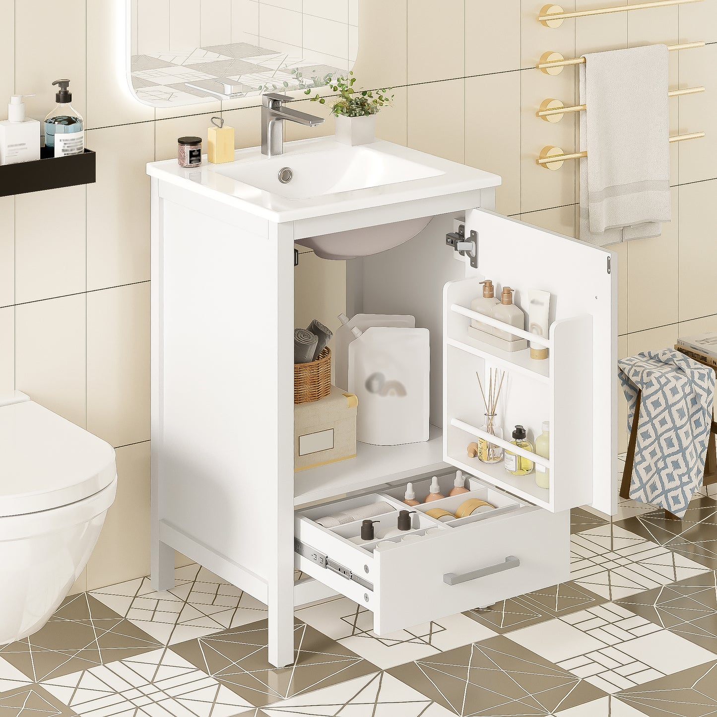 20-Inch Modern Bathroom Vanity with Ceramic Sink, Soft-Close Drawer & Door, Double-Layer Door Organizer, Divider Drawer, Adjustable Foot Pads – Space-Saving Storage Design