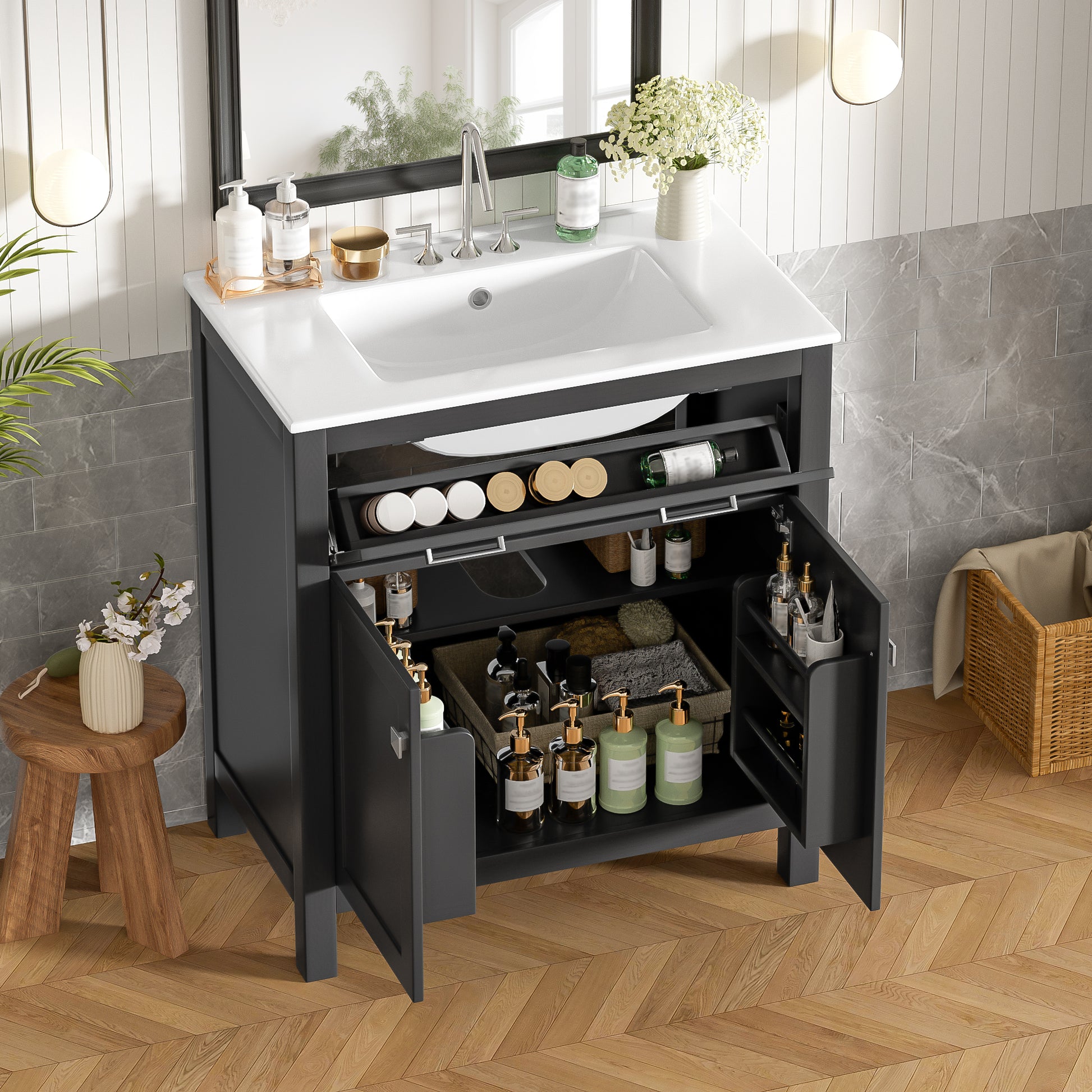 30" Bathroom Vanity with Ceramic Sink, Modern Black Single Bathroom Cabinet with 2 Doors and a Shelf, Soft Close Doors