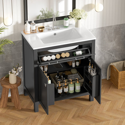30" Bathroom Vanity with Ceramic Sink, Modern Black Single Bathroom Cabinet with 2 Doors and a Shelf, Soft Close Doors