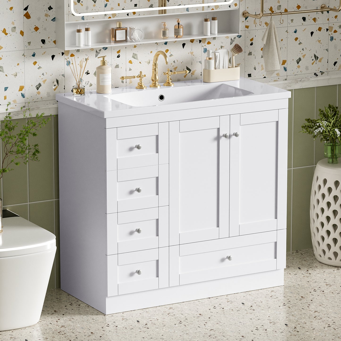 36" White Bathroom Vanity with Resin Sink & Storage