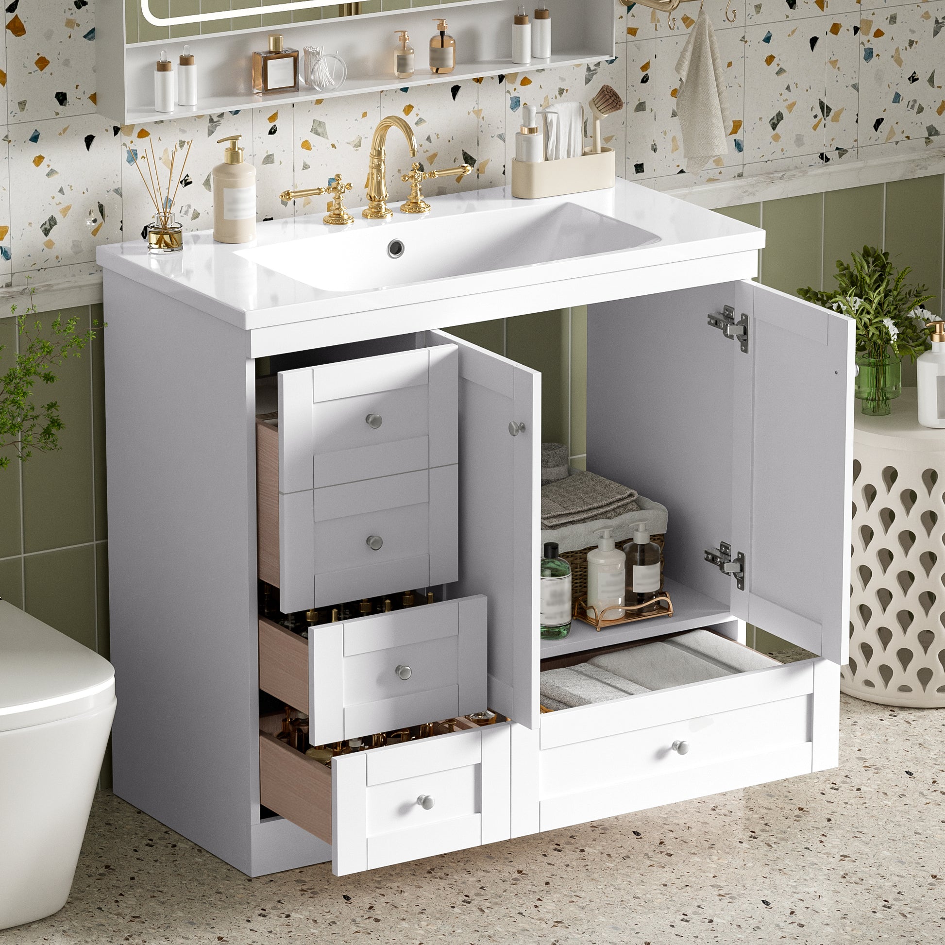36" White Bathroom Vanity with Resin Sink & Storage