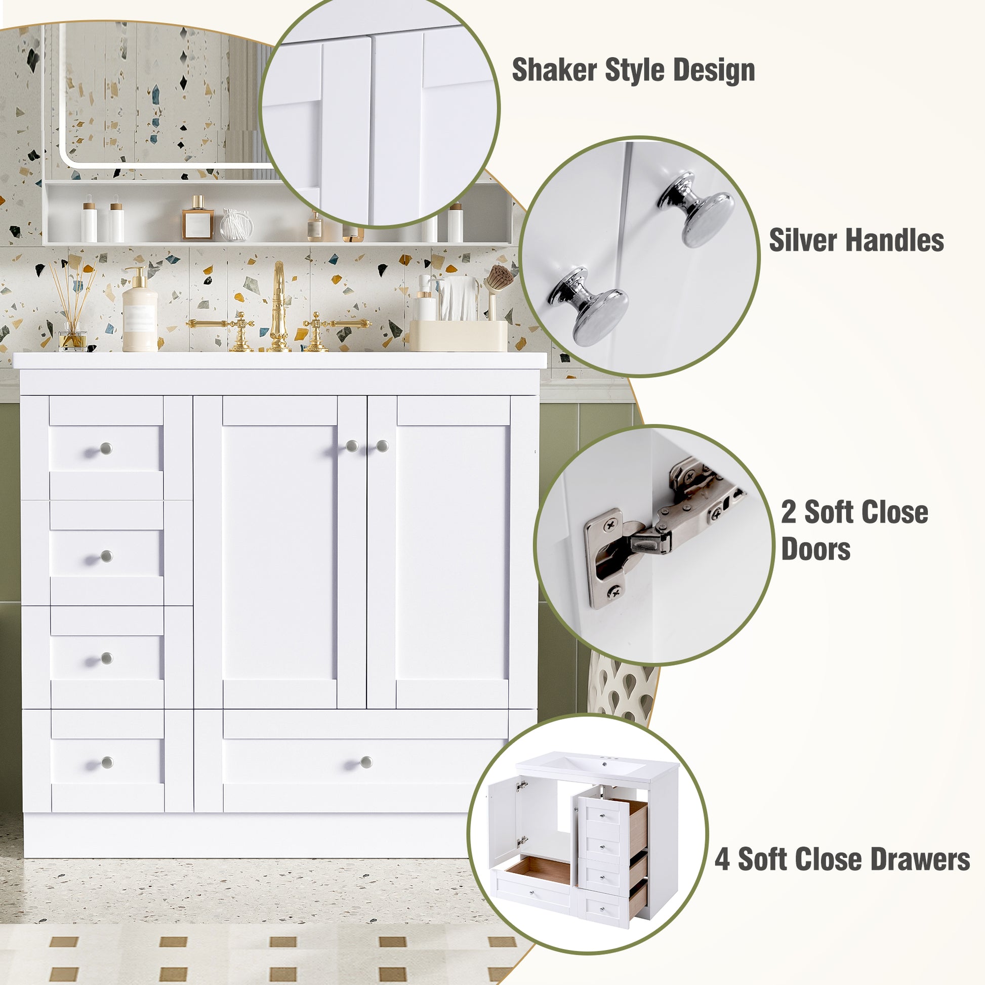36" White Bathroom Vanity with Resin Sink & Storage