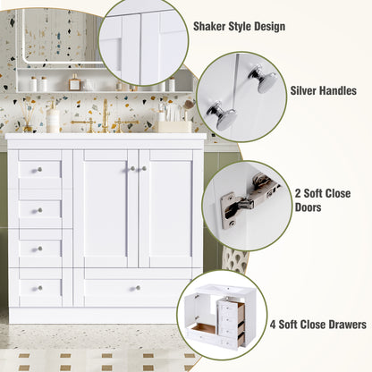 36" White Bathroom Vanity with Resin Sink & Storage