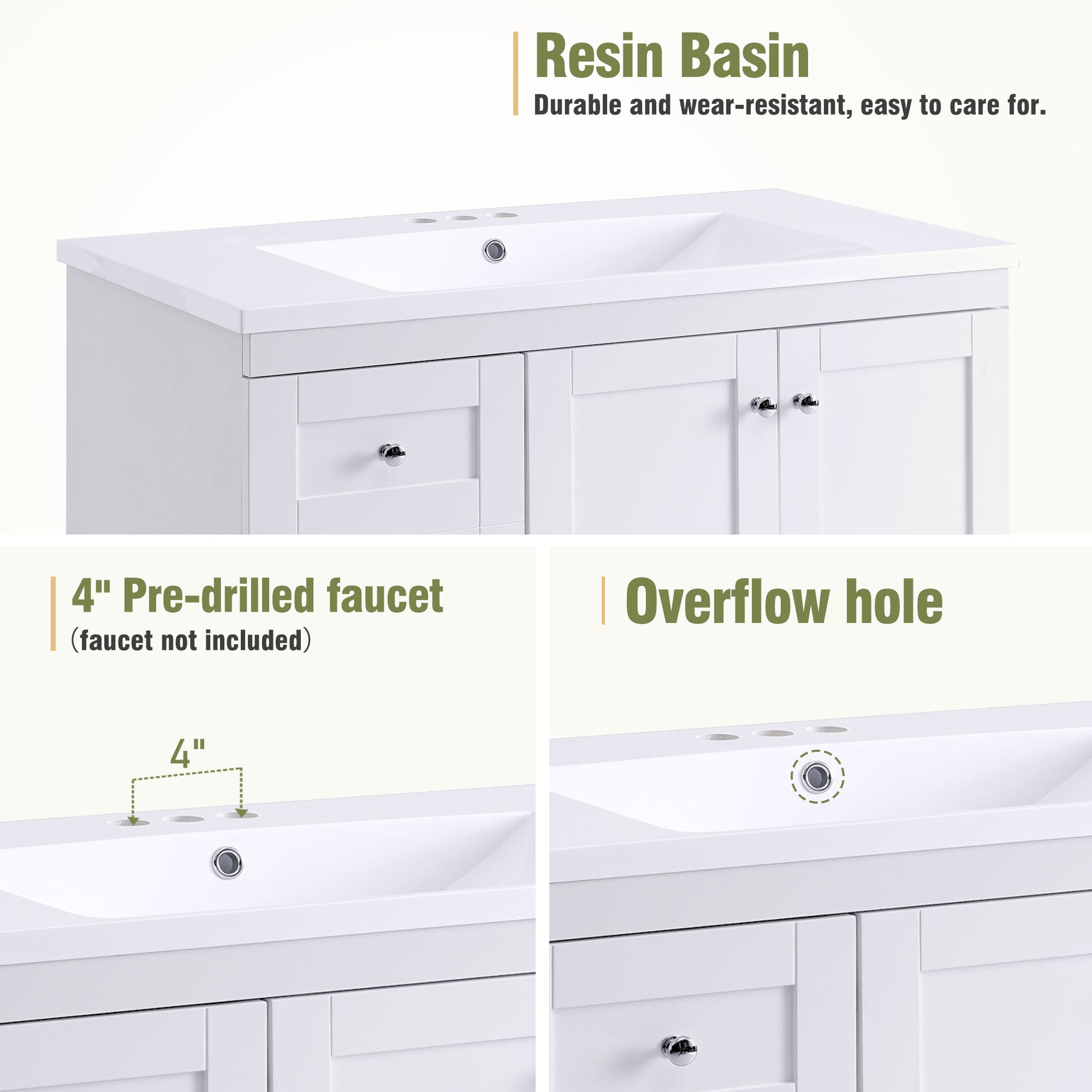 36" White Bathroom Vanity with Resin Sink & Storage