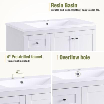36" White Bathroom Vanity with Resin Sink & Storage