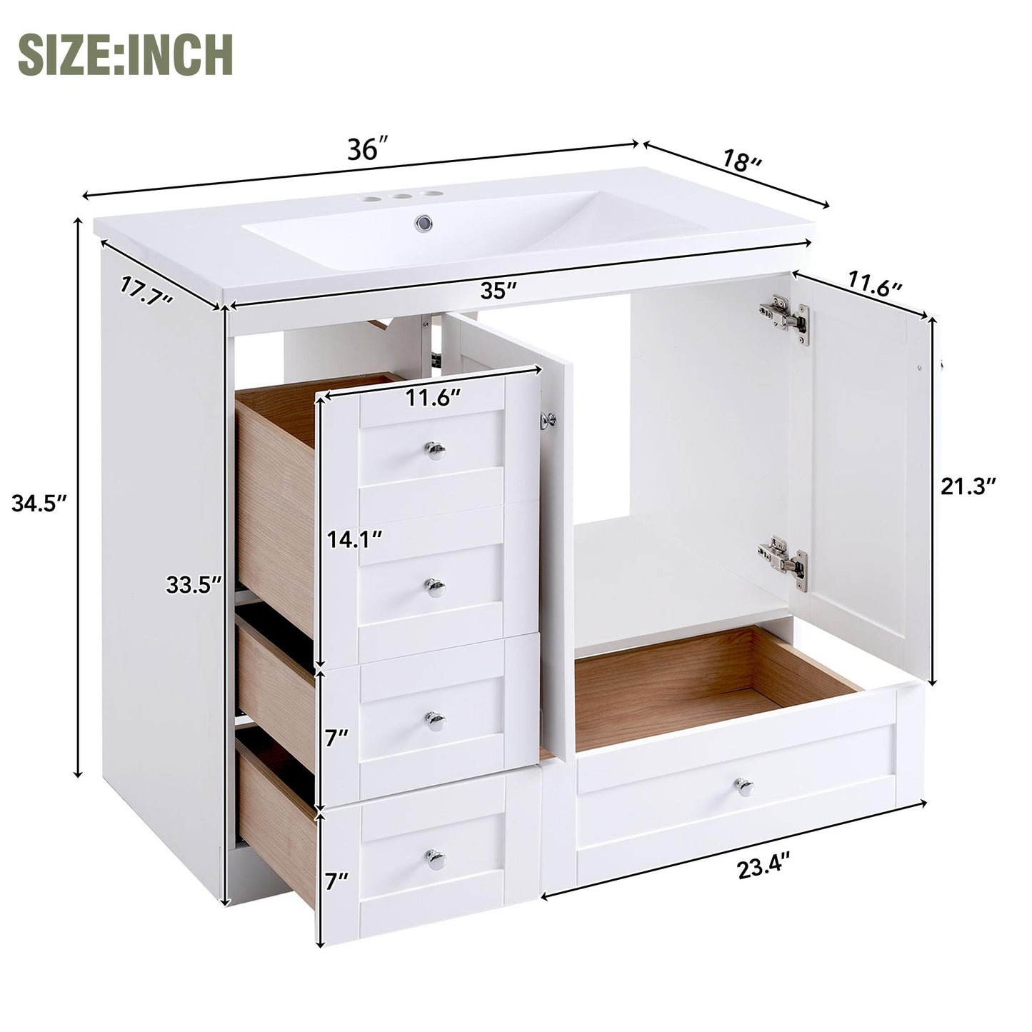 36" White Bathroom Vanity with Resin Sink & Storage