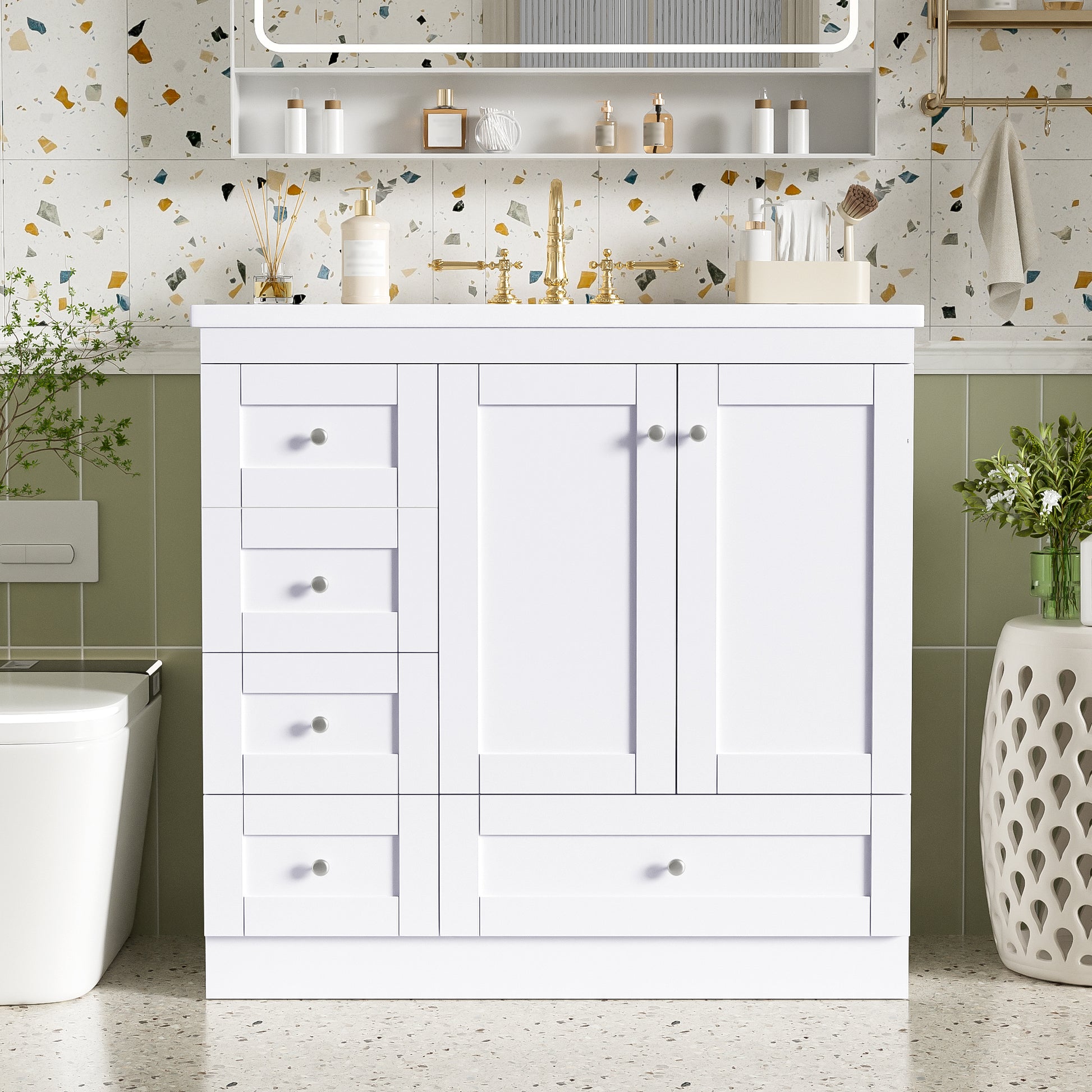 36 inch Shaker Style Free-Standing Bathroom Vanity Cabinet with Sink, 4 Soft-close Drawers and 2 Soft-close doors