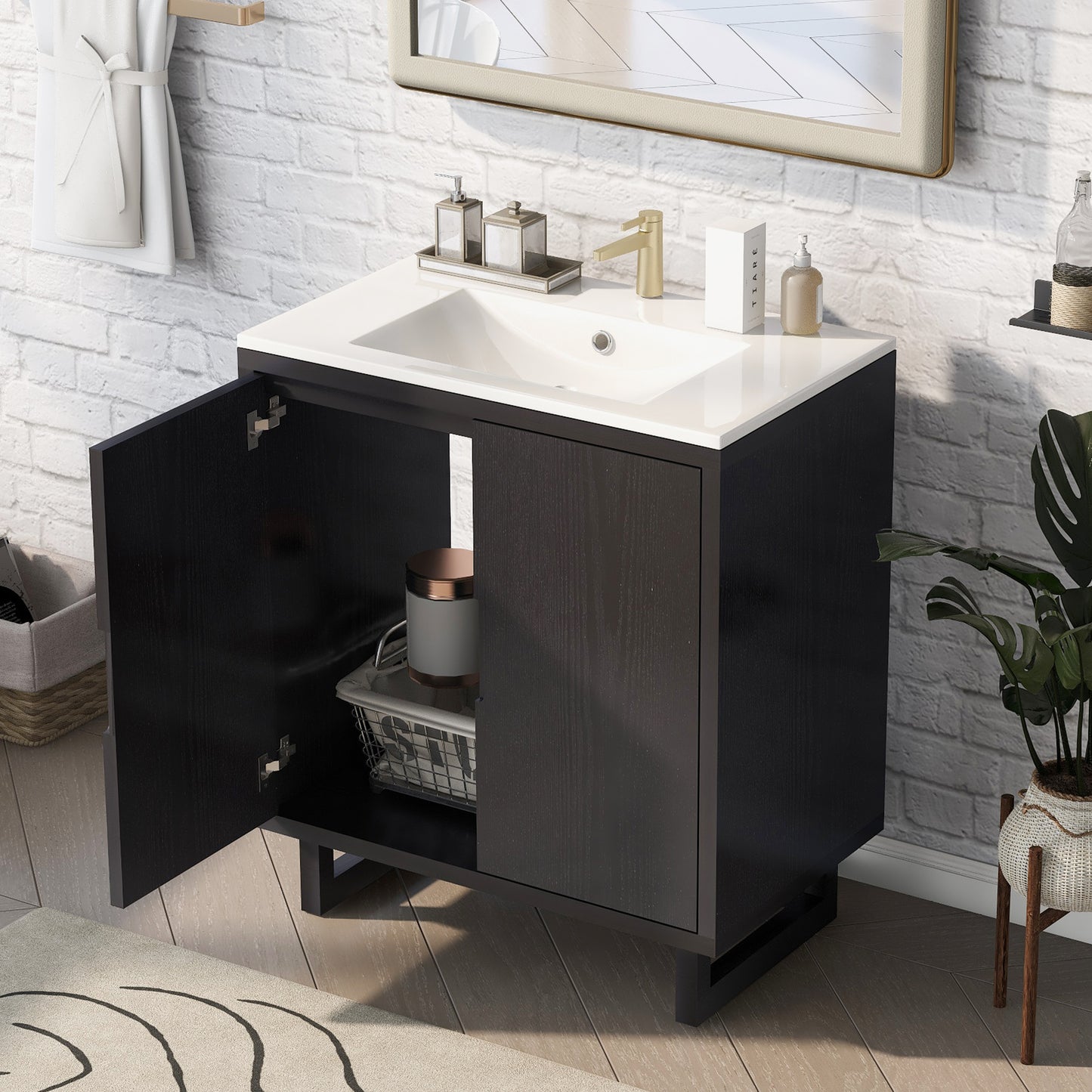 30" Bathroom Vanity Set - Solid Wood Legs, Black MDF