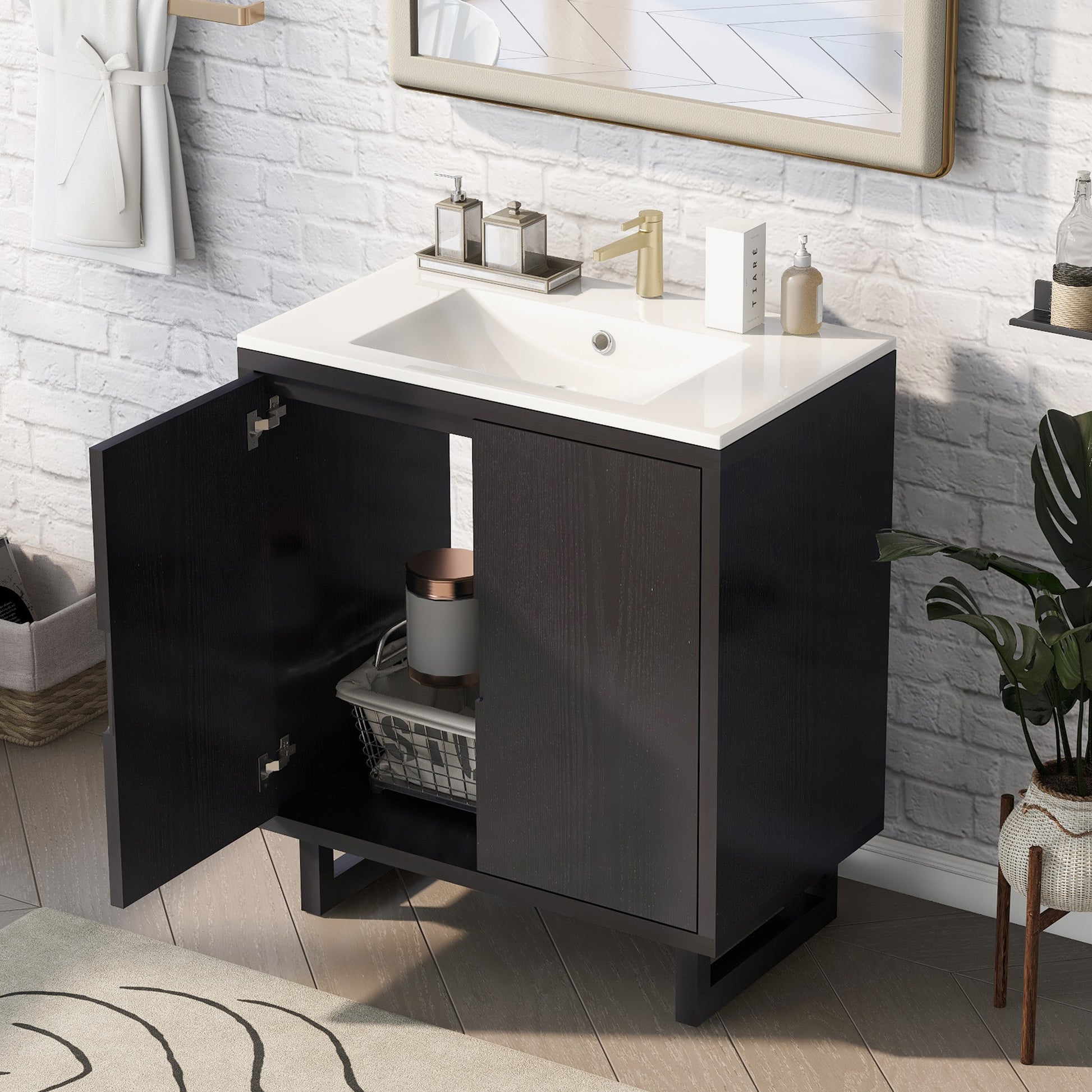 30" Bathroom Vanity Set - Solid Wood Legs, Black MDF