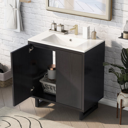 30" Bathroom Vanity Set - Solid Wood Legs, Black MDF