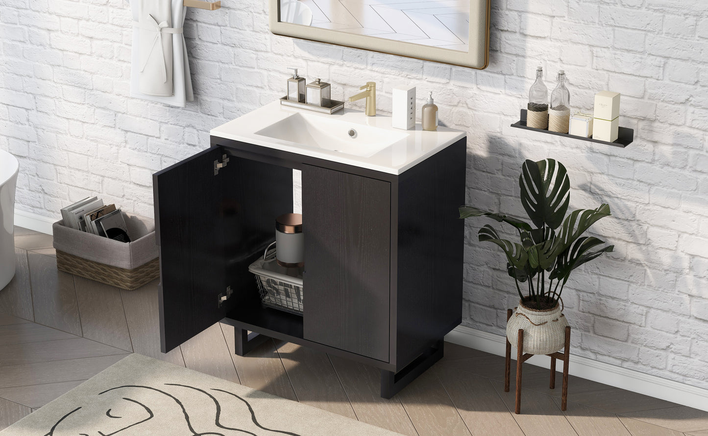 30" Bathroom Vanity Set - Solid Wood Legs, Black MDF