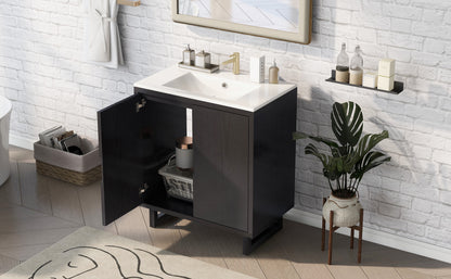 30" Bathroom Vanity Set - Solid Wood Legs, Black MDF