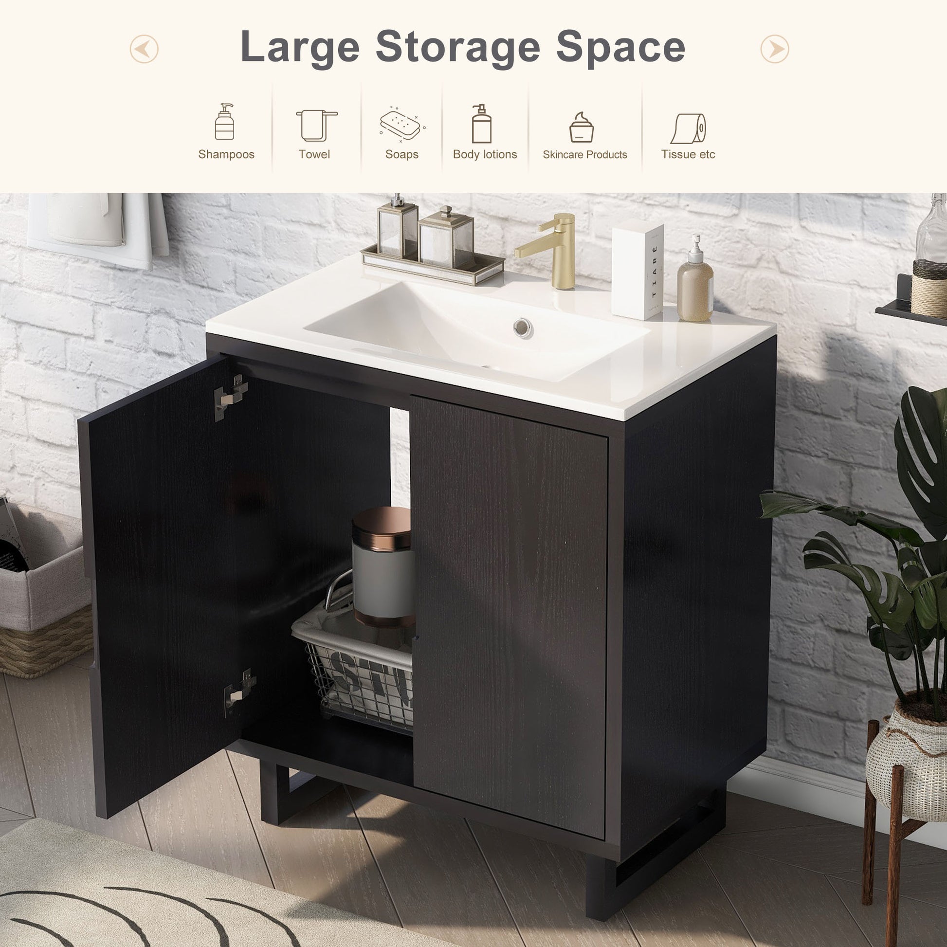 30" Bathroom Vanity Set - Solid Wood Legs, Black MDF