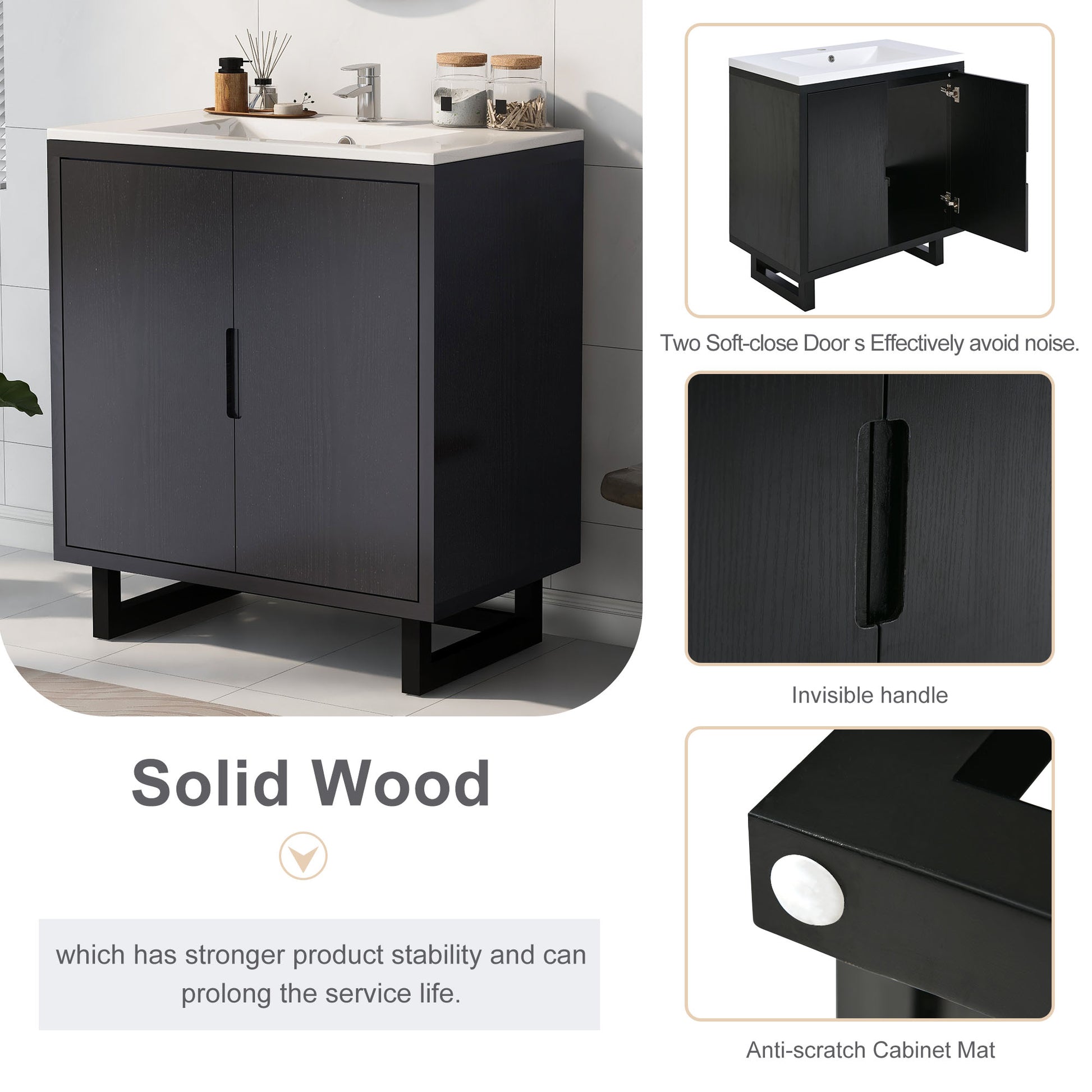 30" Bathroom Vanity Set - Solid Wood Legs, Black MDF
