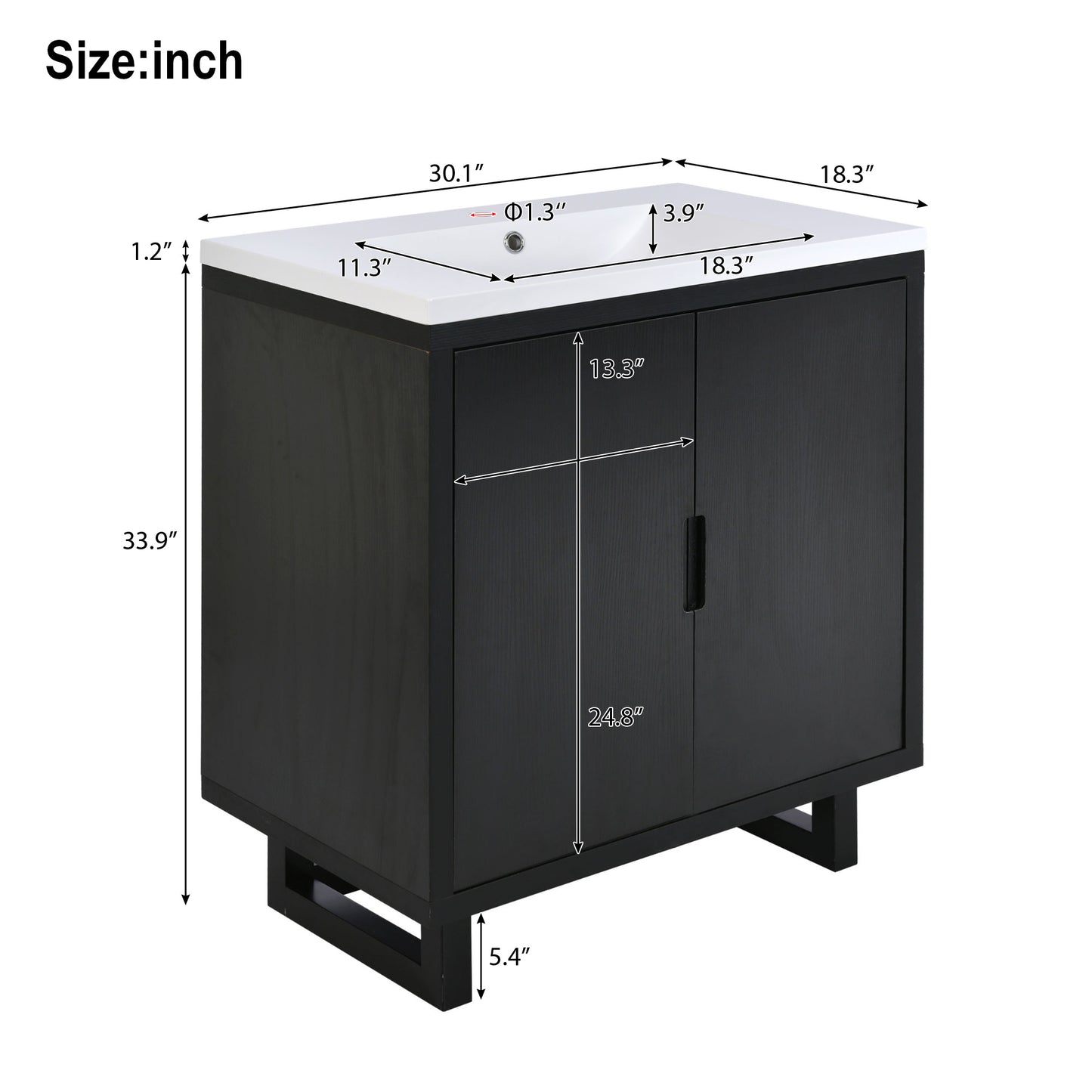 30" Bathroom Vanity Set - Solid Wood Legs, Black MDF