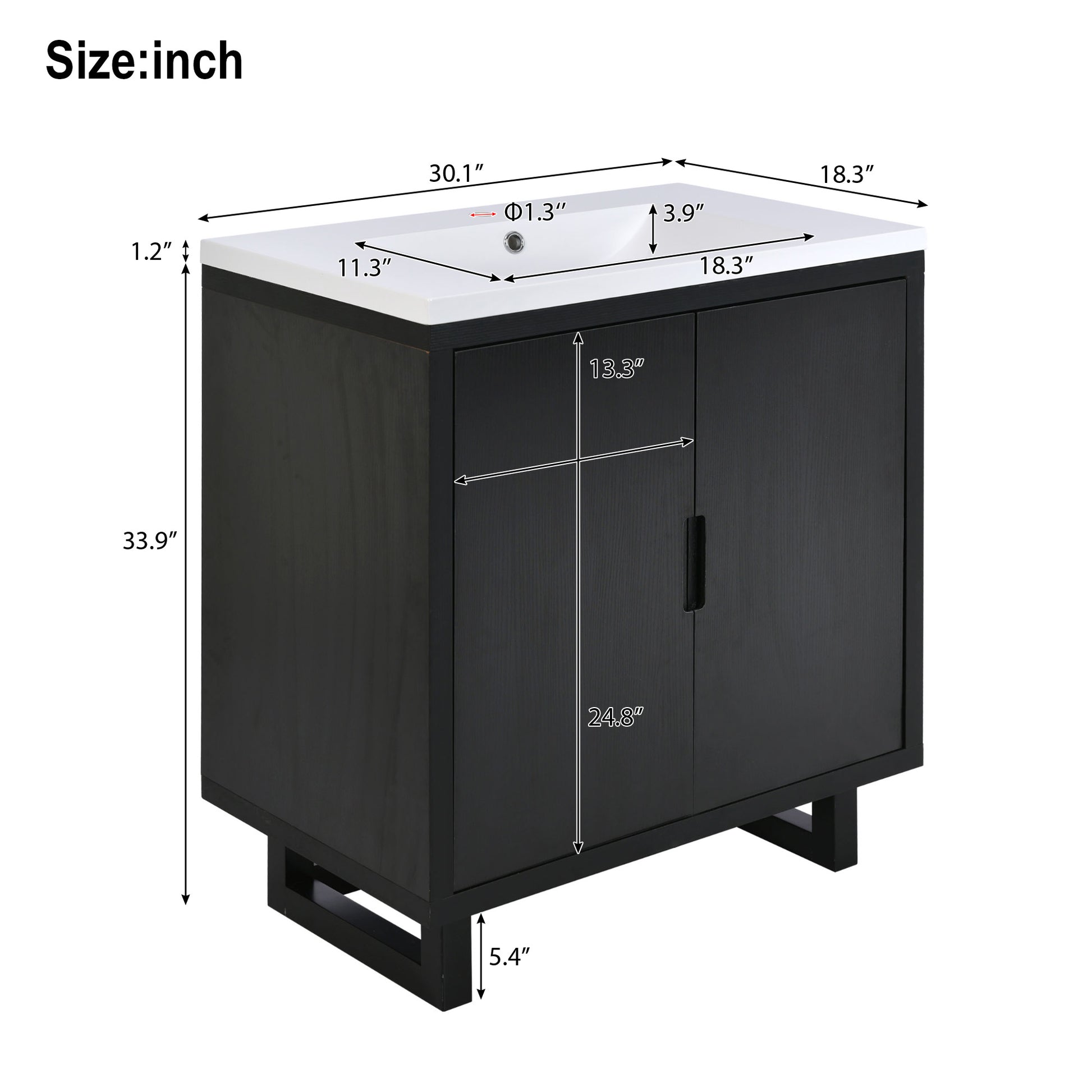 30" Bathroom Vanity Set - Solid Wood Legs, Black MDF
