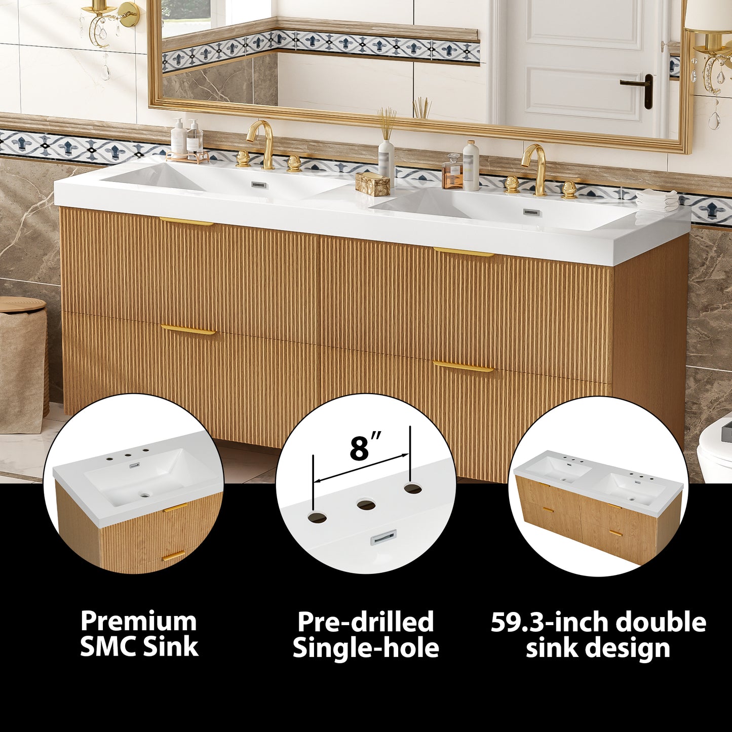 59.3 Inch Wood Bathroom Vanity with Double Sink