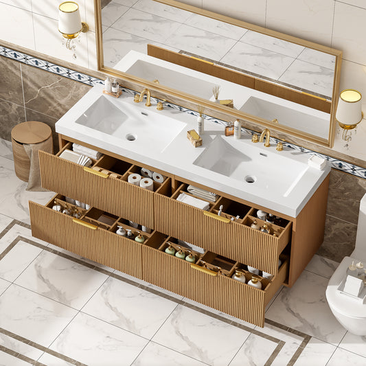 [Video]59.3 Inch Double Sink Bathroom Vanity with SMC Top, Painted MDF Cabinet , Soft Close  Drawers, Wall-Mounted Modern Storage Vanity