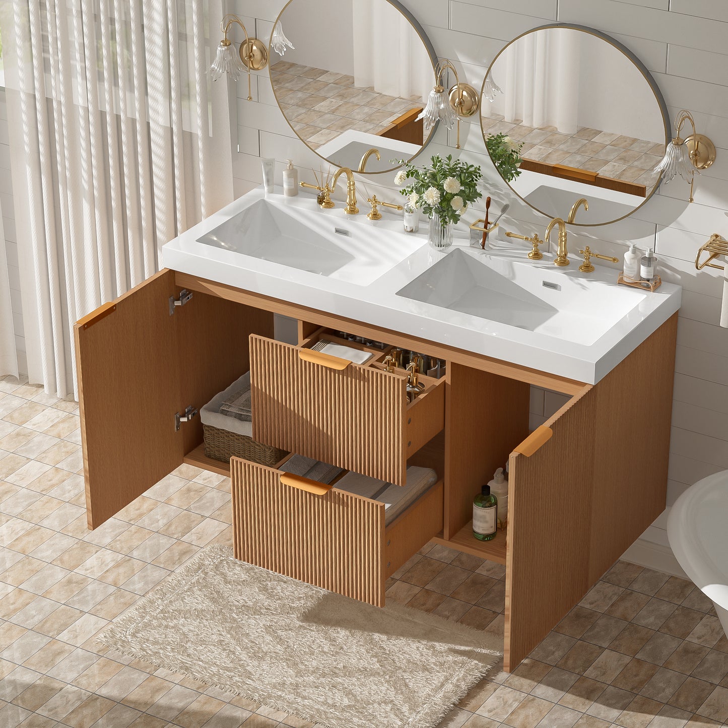 [Video]47.24 Inch Double Sink Bathroom Vanity with SMC  Top, MDF Cabinet, Soft Close Doors, Divided Drawers, Wall-Mounted Modern Storage Vanity