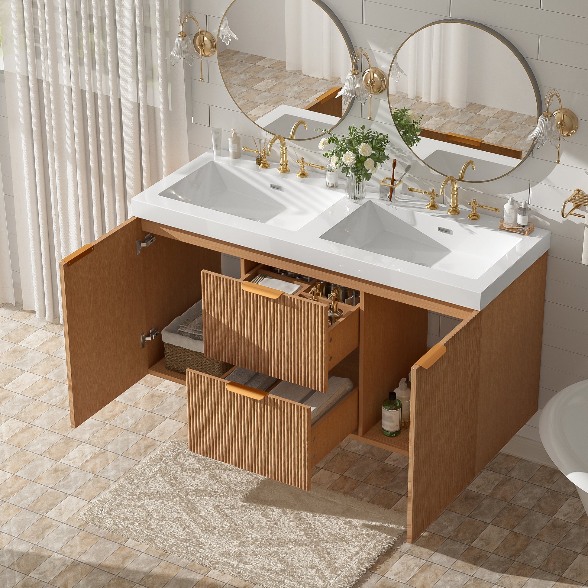 [Video]47.24 Inch Double Sink Bathroom Vanity with SMC  Top, MDF Cabinet, Soft Close Doors, Divided Drawers, Wall-Mounted Modern Storage Vanity