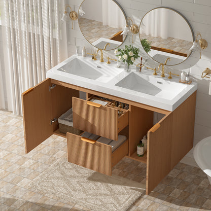 [Video]47.24 Inch Double Sink Bathroom Vanity with SMC  Top, MDF Cabinet, Soft Close Doors, Divided Drawers, Wall-Mounted Modern Storage Vanity