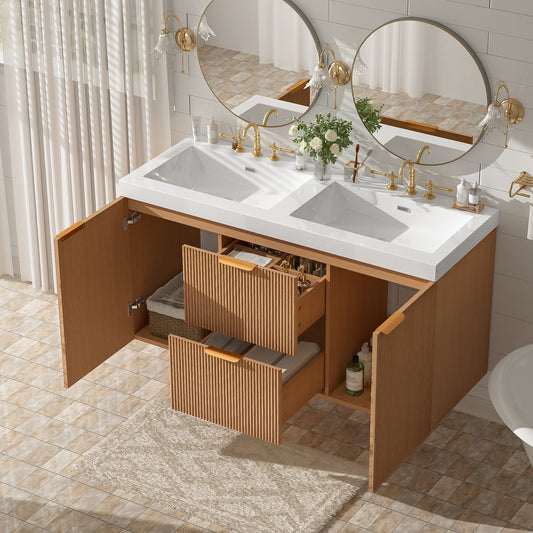 [Video]47.24 Inch Double Sink Bathroom Vanity with SMC  Top, MDF Cabinet, Soft Close Doors, Divided Drawers, Wall-Mounted Modern Storage Vanity