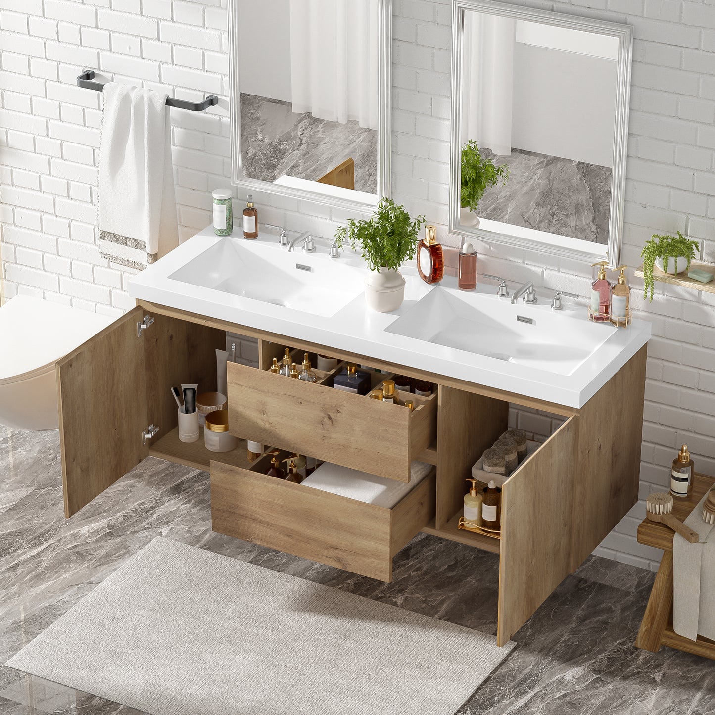 59.3 Inch Double Sink Bathroom Vanity with Wood Grain MDF for Modern Bathrooms