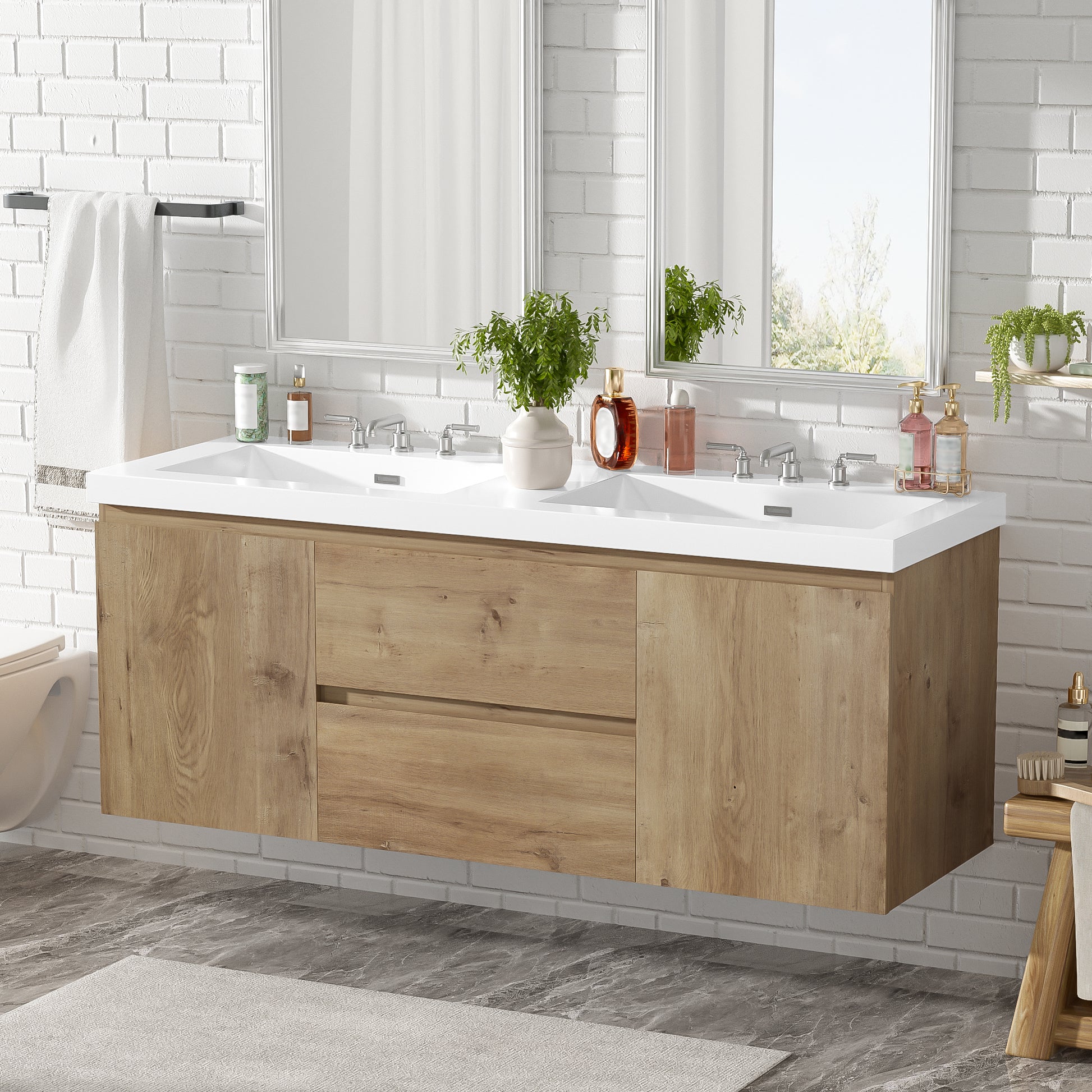 59.3 Inch Double Sink Bathroom Vanity with Wood Grain MDF for Modern Bathrooms