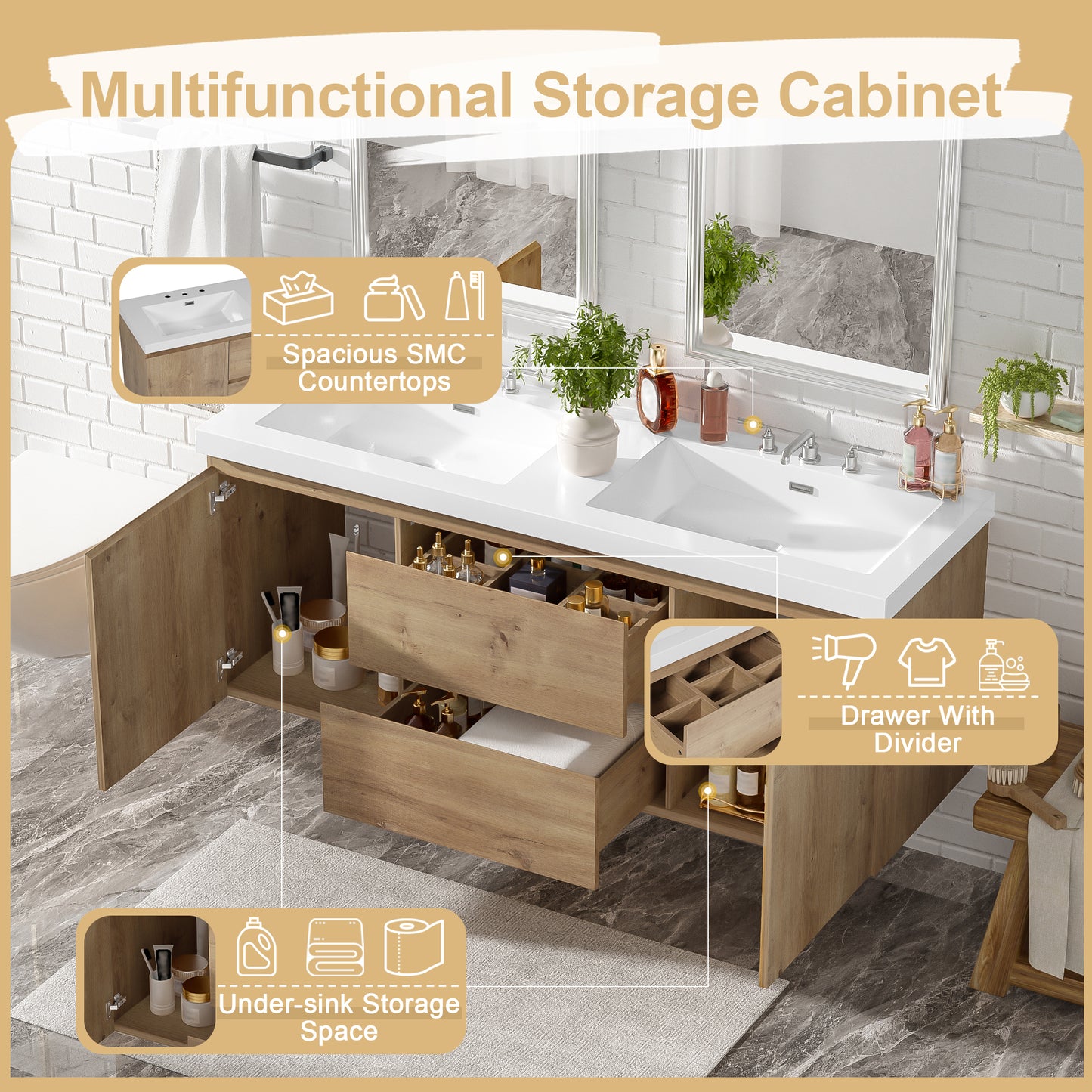 59.3 Inch Double Sink Bathroom Vanity with Wood Grain MDF for Modern Bathrooms