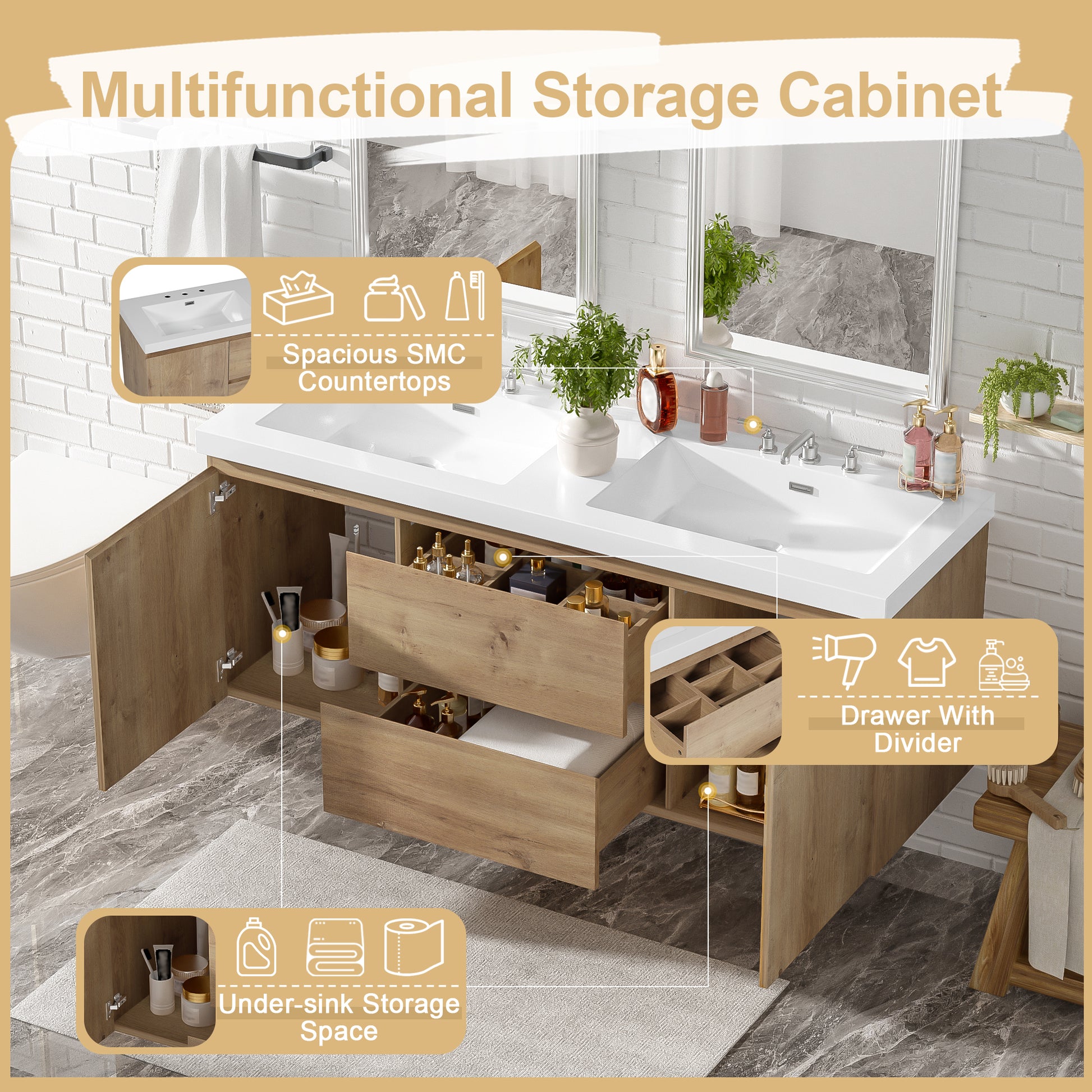 59.3 Inch Double Sink Bathroom Vanity with Wood Grain MDF for Modern Bathrooms