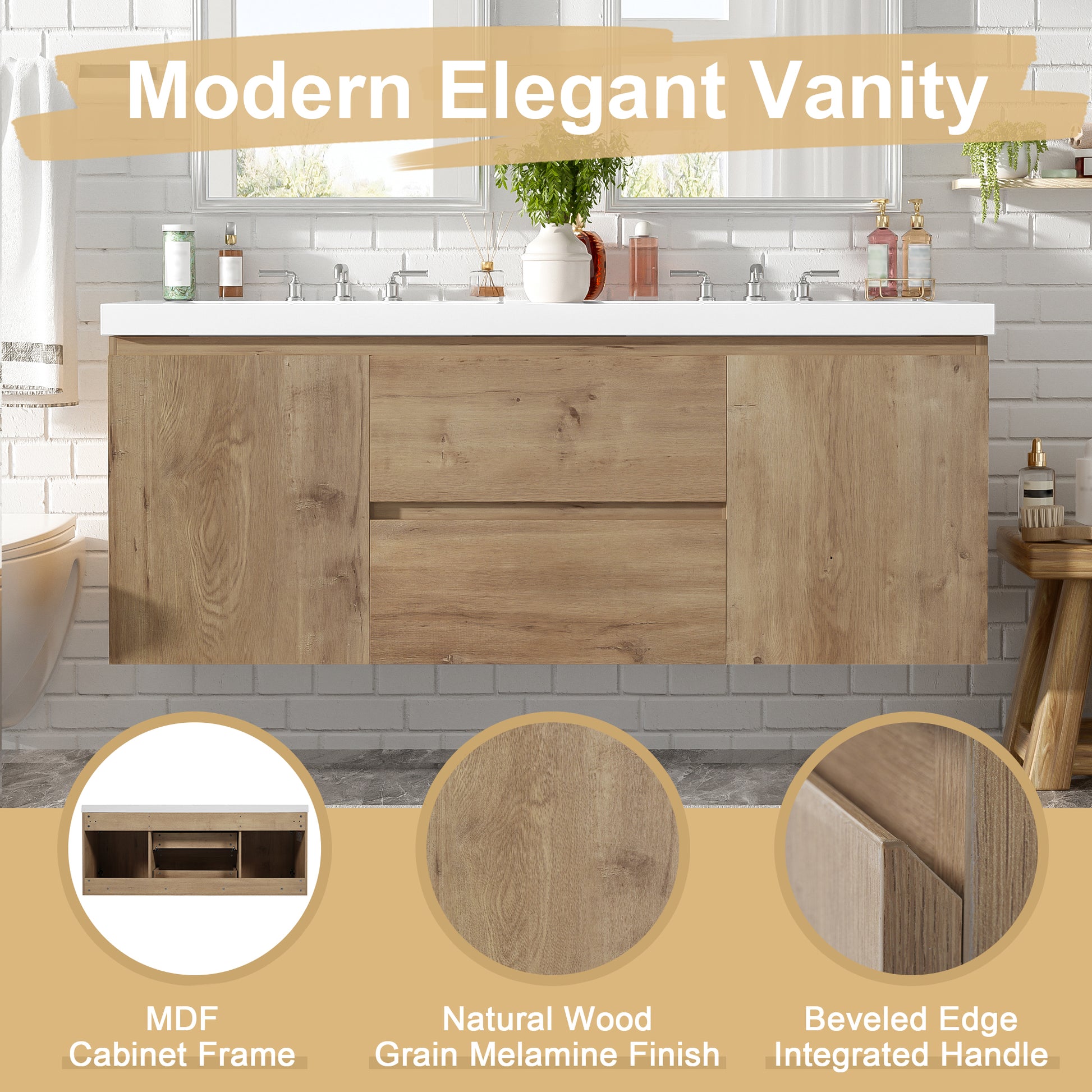 59.3 Inch Double Sink Bathroom Vanity with Wood Grain MDF for Modern Bathrooms