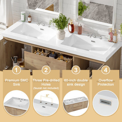 59.3 Inch Double Sink Bathroom Vanity with Wood Grain MDF for Modern Bathrooms