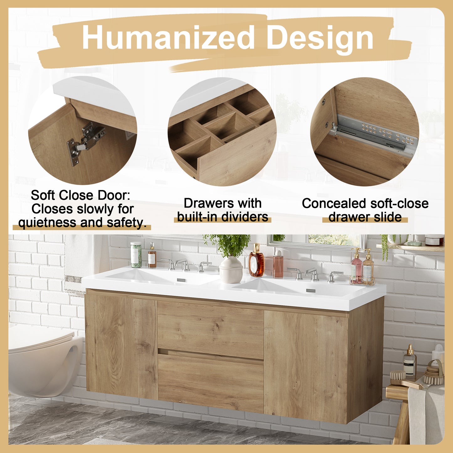 59.3 Inch Double Sink Bathroom Vanity with Wood Grain MDF for Modern Bathrooms