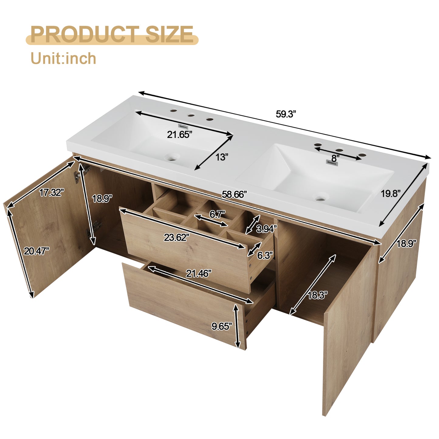 59.3 Inch Double Sink Bathroom Vanity with Wood Grain MDF for Modern Bathrooms