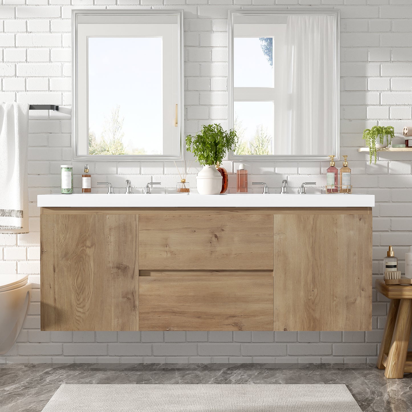 [Video]59.3 Inch Double Sink Bathroom Vanity with SMC Top, MDF Cabinet, Soft Close Doors, Divided Drawers, Wall-Mounted Modern Storage Vanity for Large Bathrooms
