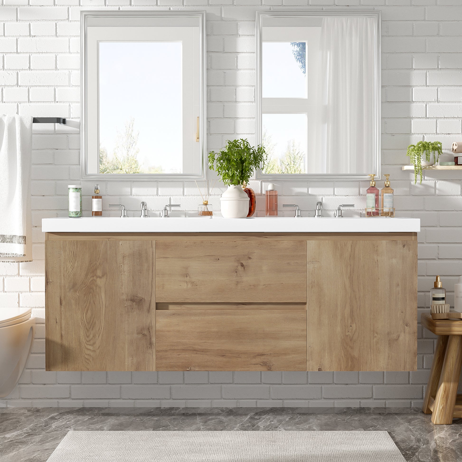 [Video]59.3 Inch Double Sink Bathroom Vanity with SMC Top, MDF Cabinet, Soft Close Doors, Divided Drawers, Wall-Mounted Modern Storage Vanity for Large Bathrooms