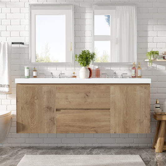 [Video]59.3 Inch Double Sink Bathroom Vanity with SMC Top, MDF Cabinet, Soft Close Doors, Divided Drawers, Wall-Mounted Modern Storage Vanity for Large Bathrooms