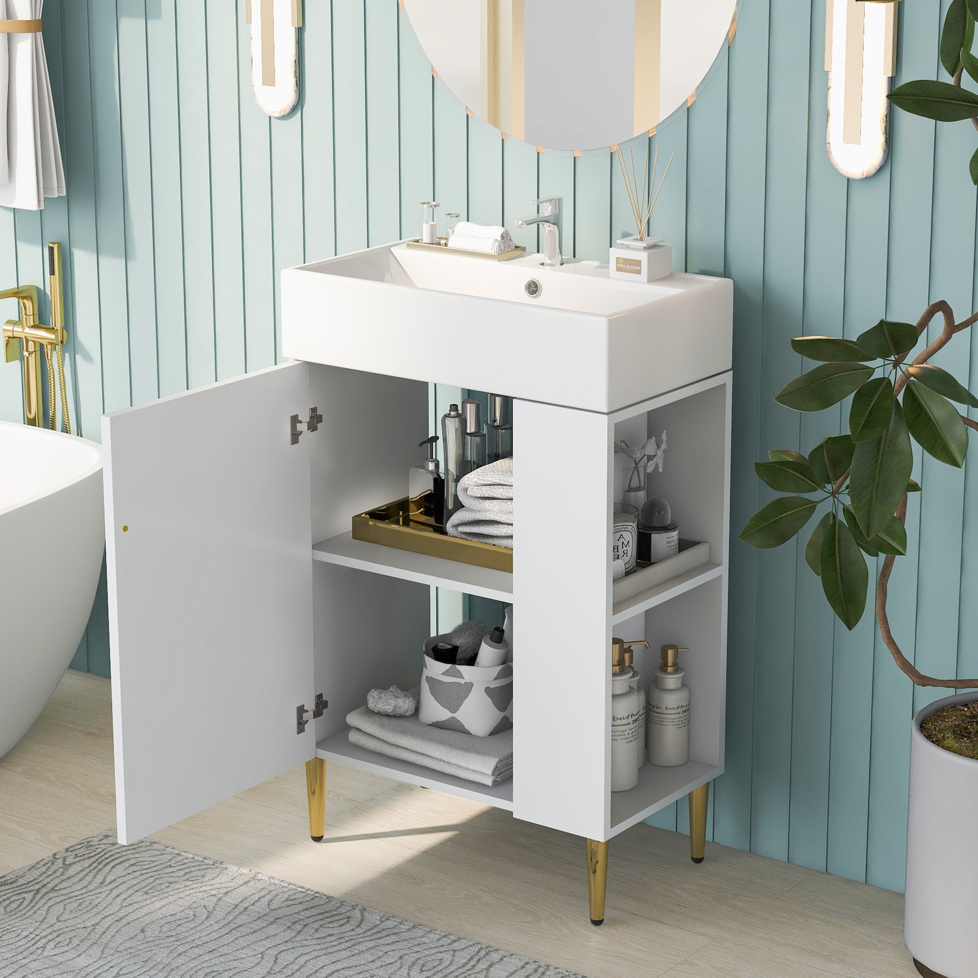 White Ceramic Bathroom Vanity with Storage Cabinet and Gold Legs