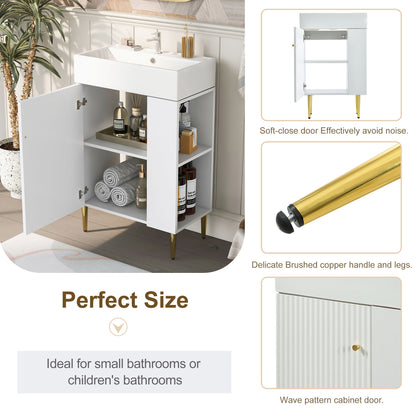White Ceramic Bathroom Vanity with Storage Cabinet and Gold Legs