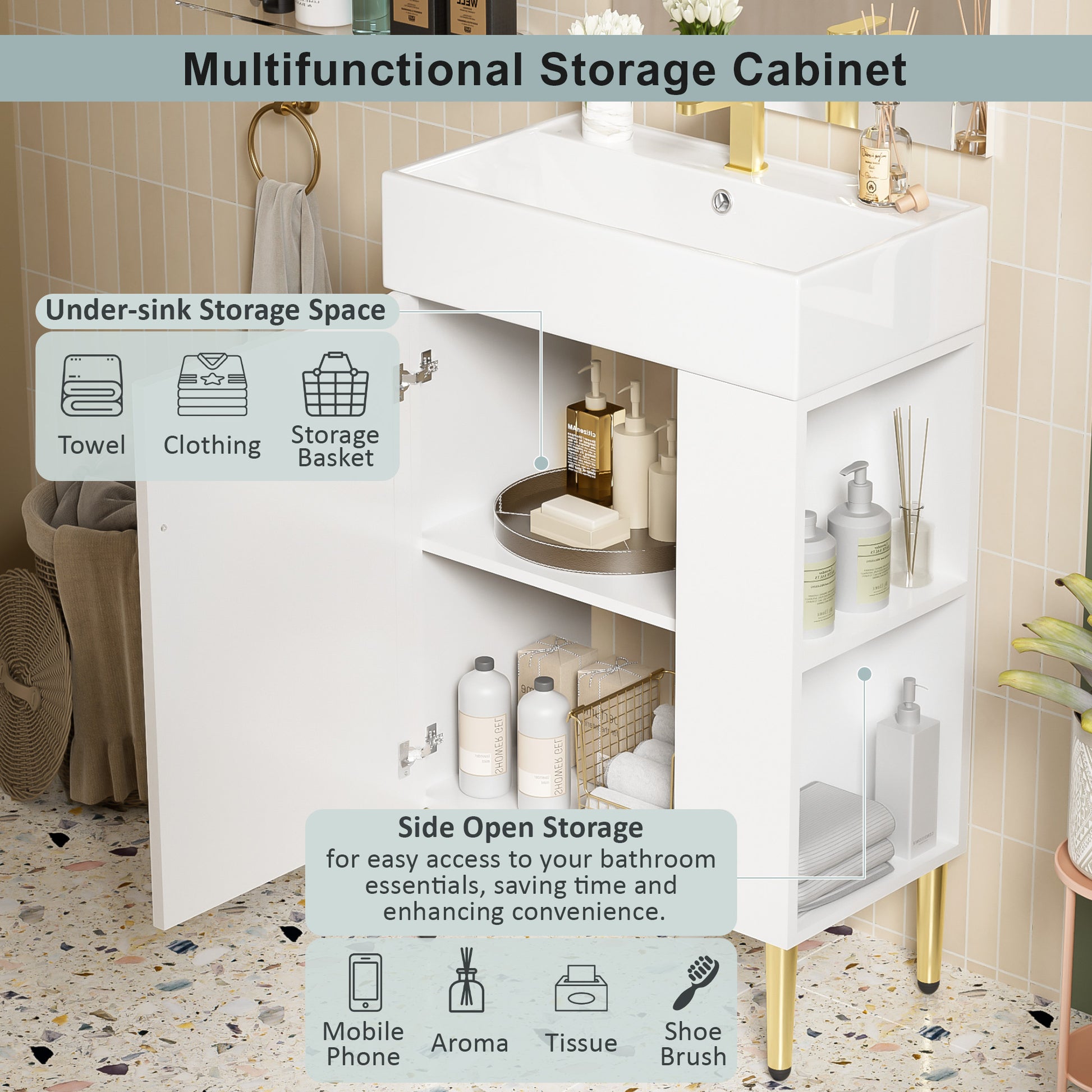 White Ceramic Bathroom Vanity with Storage Cabinet and Gold Legs