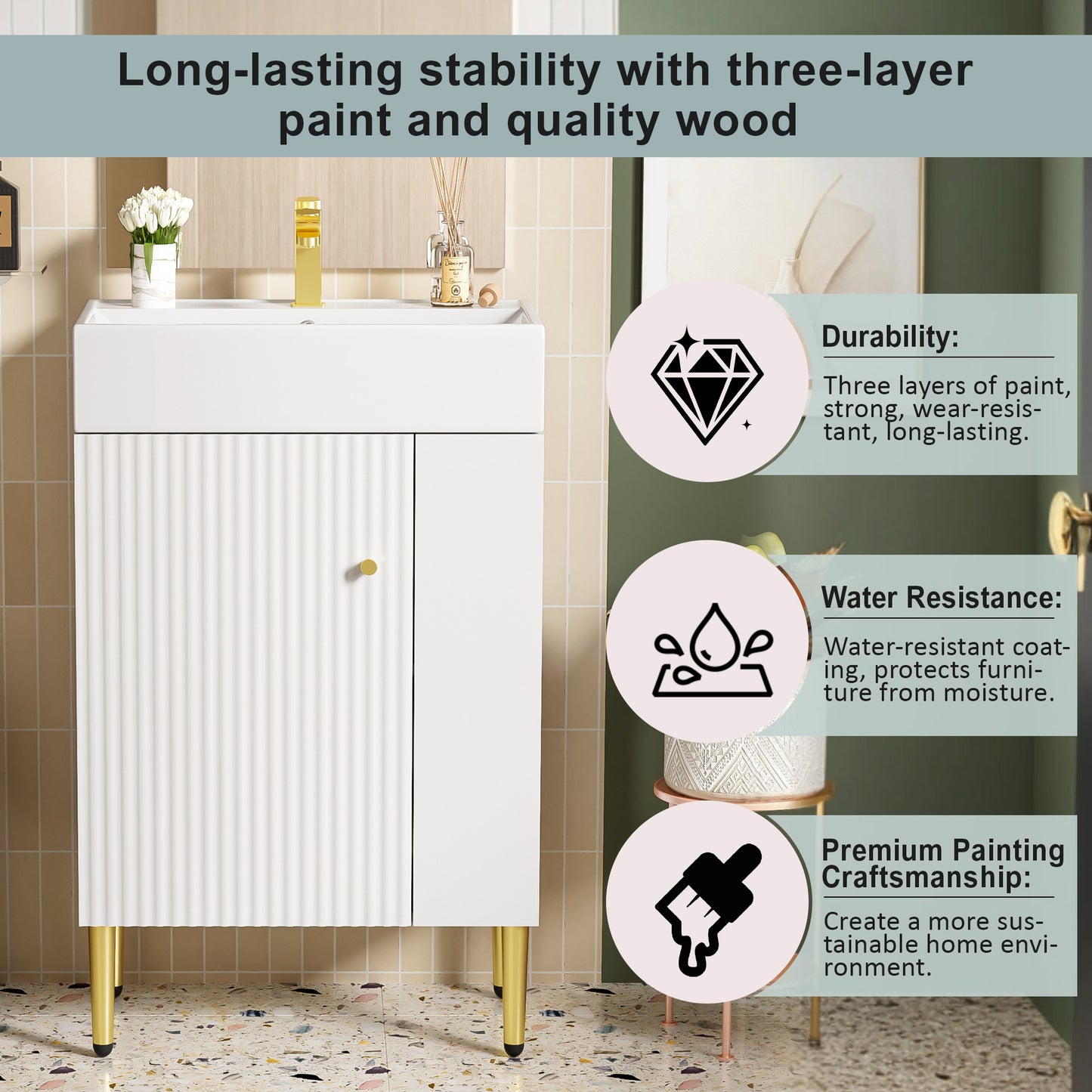 White Ceramic Bathroom Vanity with Storage Cabinet and Gold Legs