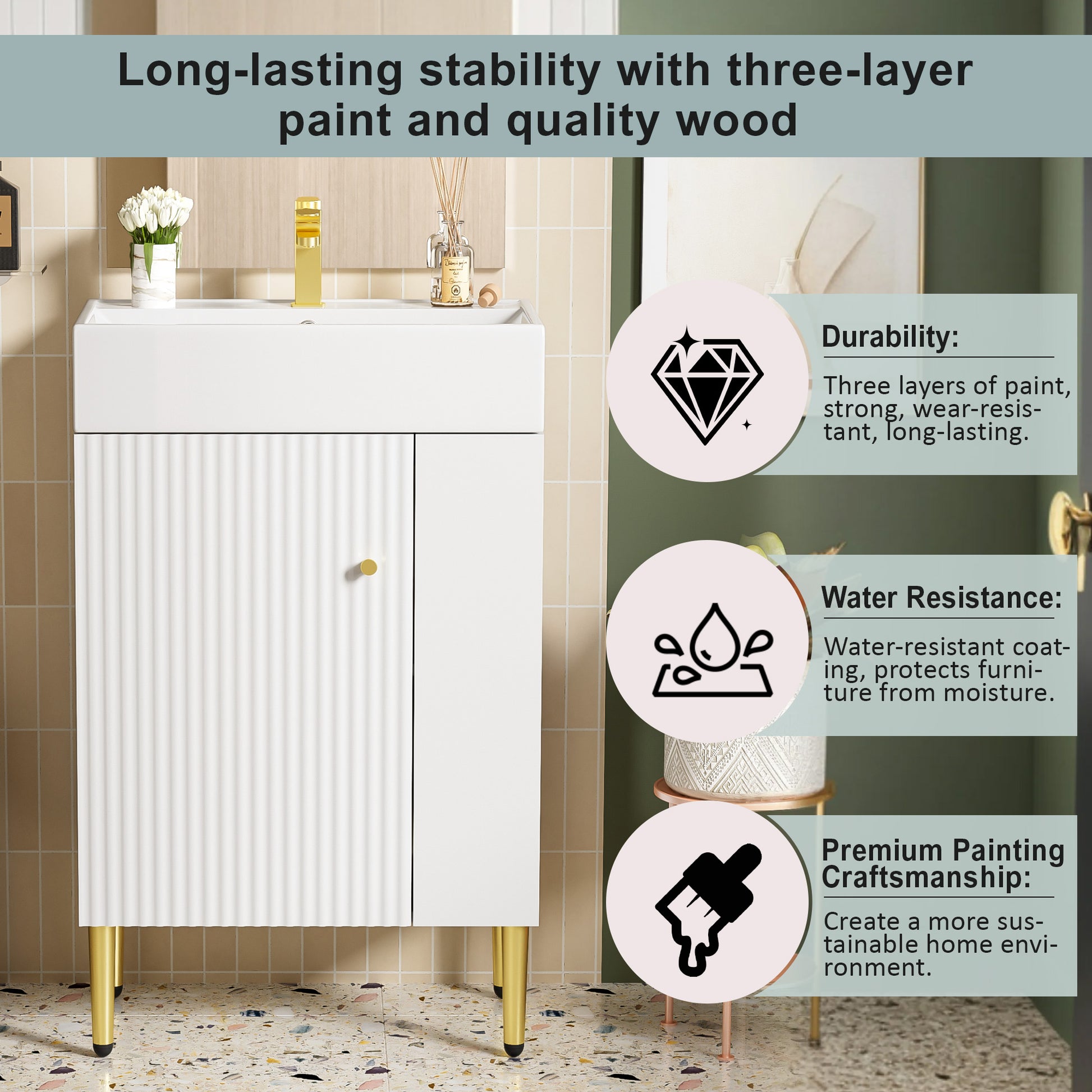 White Ceramic Bathroom Vanity with Storage Cabinet and Gold Legs